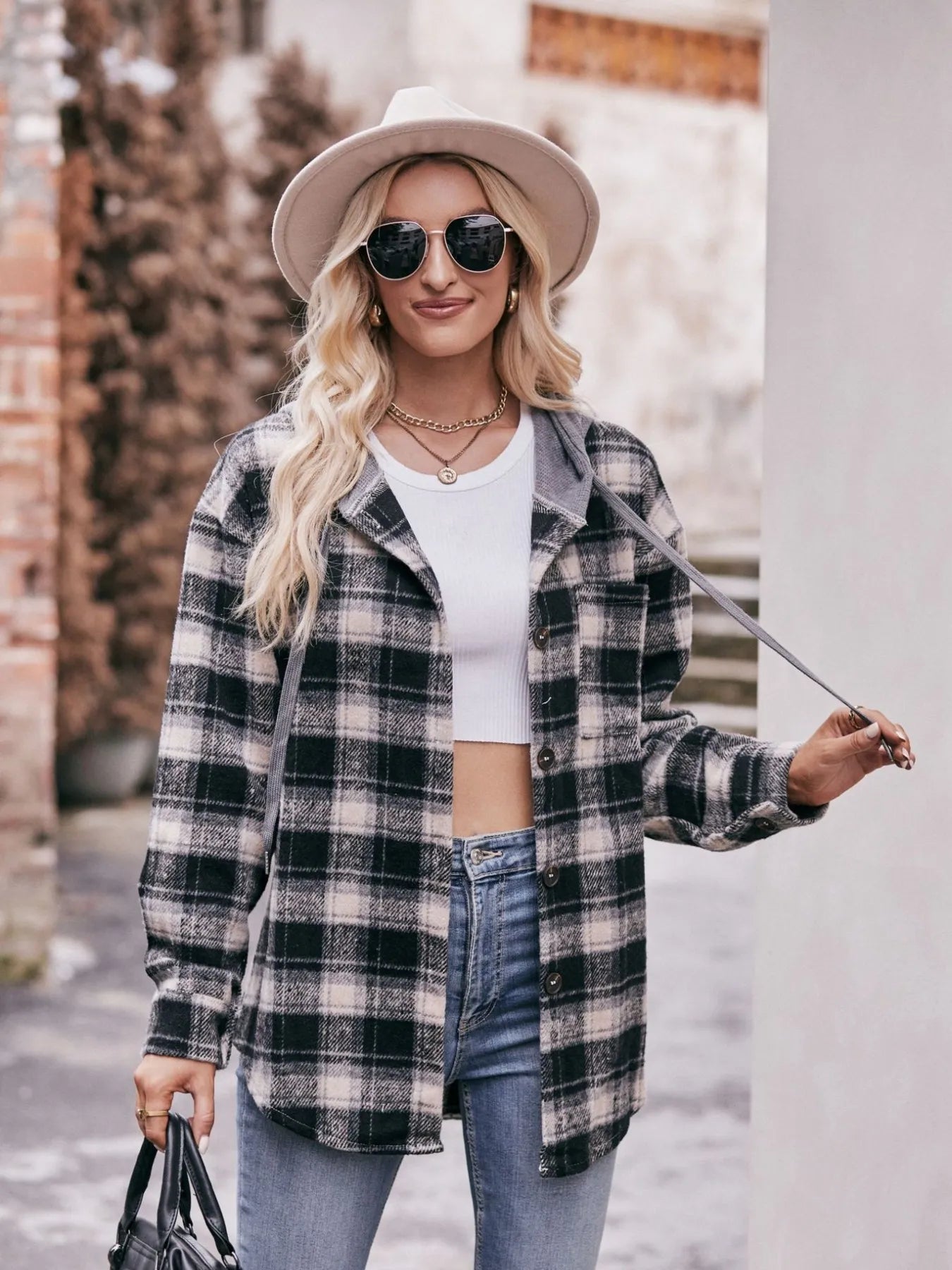 Oversized Plaid Button Up Shacket Trendsi