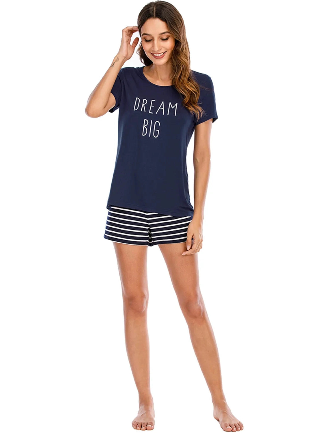Graphic Round Neck Top and Striped Shorts Lounge Set nicholesgifts