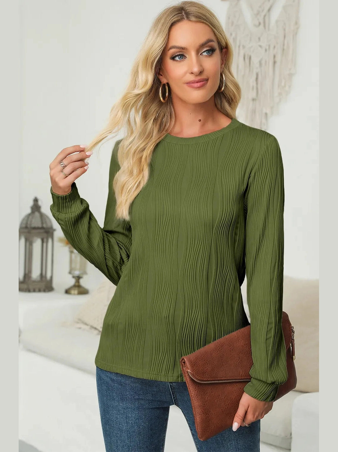 Textured Round Neck Long Sleeve Blouse NicholesGifts