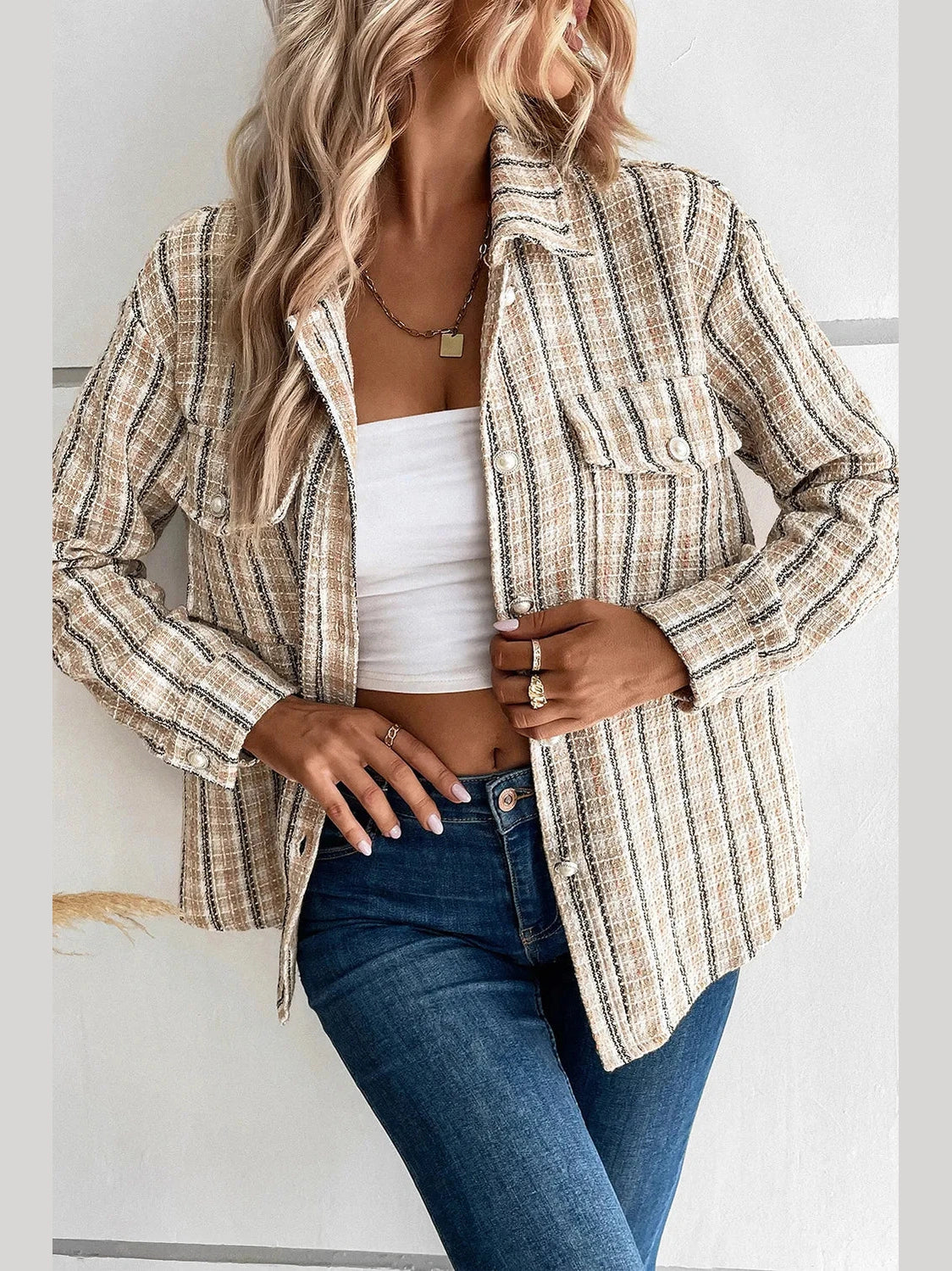 Perfee Pocketed Button Up Collared Neck Jacket nicholesgifts