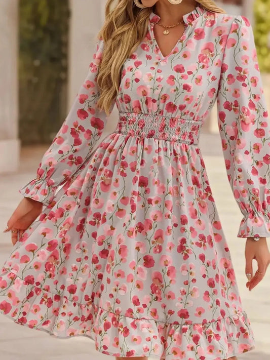 Floral Print Flounce Sleeve Ruffle Hem Dress