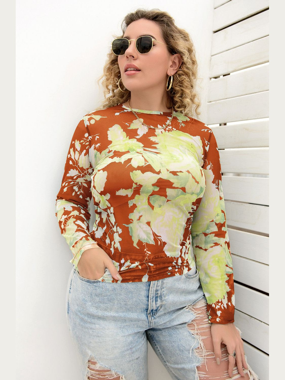 Plus Size Printed Round Neck Long Sleeve Blouse NicholesGifts