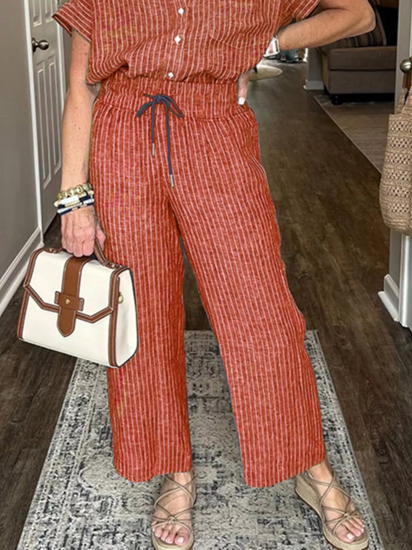 Full Size Striped Button-Up Shirt and Wide Leg Pants Casual Set Plus Size Trendsi