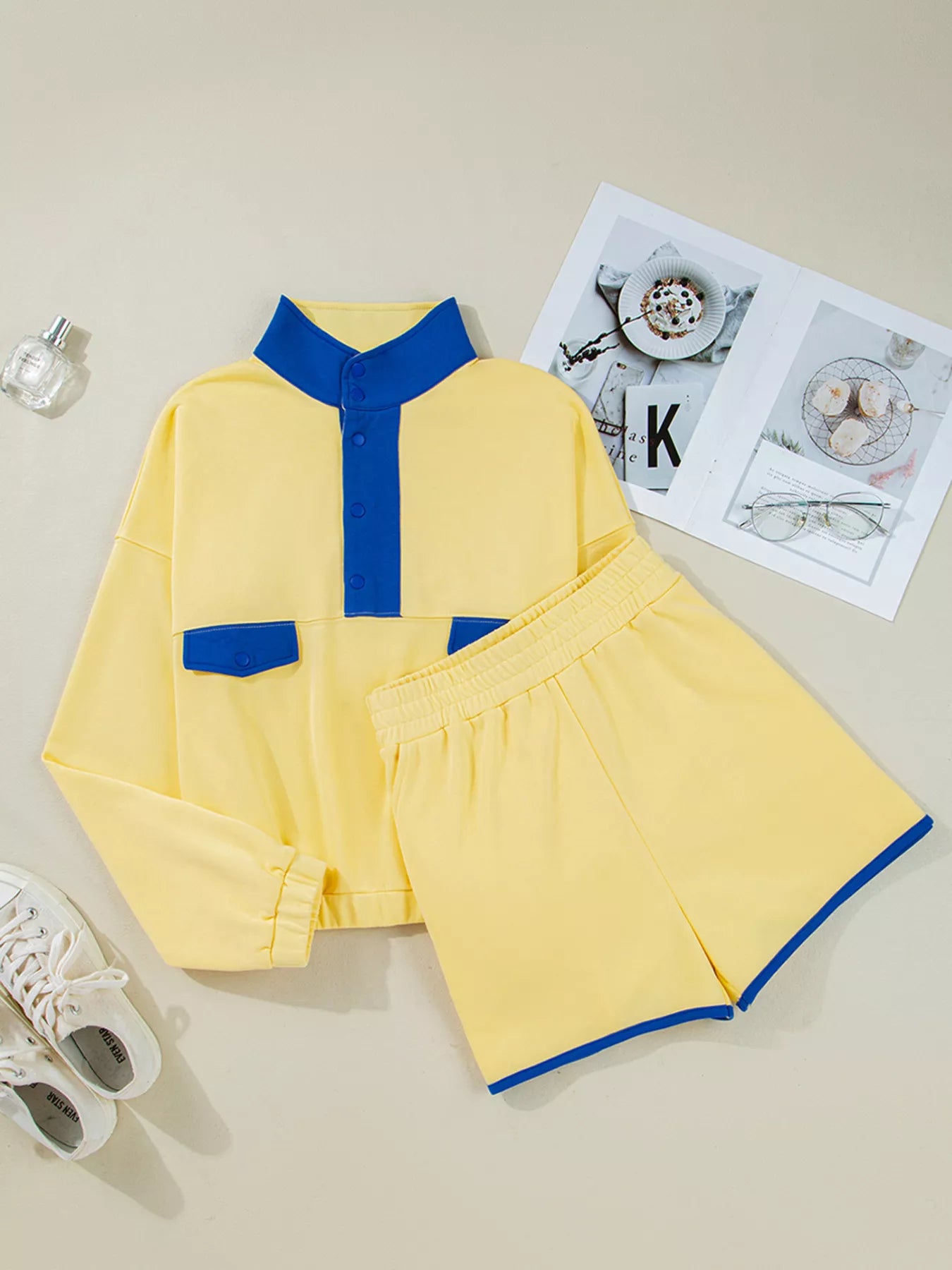 Color Block Patchwork Half Button Top and Shorts 2pcs Set Trendsi