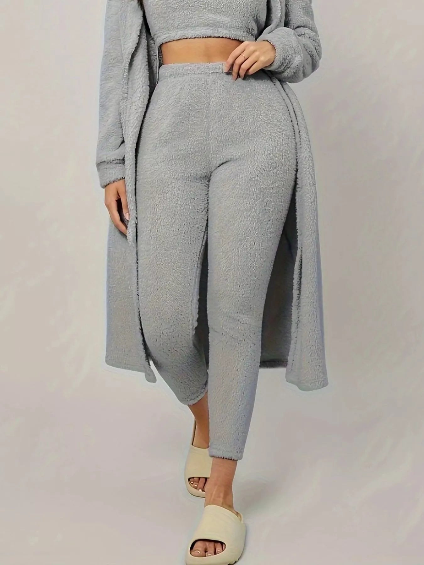 Fuzzy Tank Long Sleeve Cardigan and Pants 3-Piece Lounge Set Trendsi