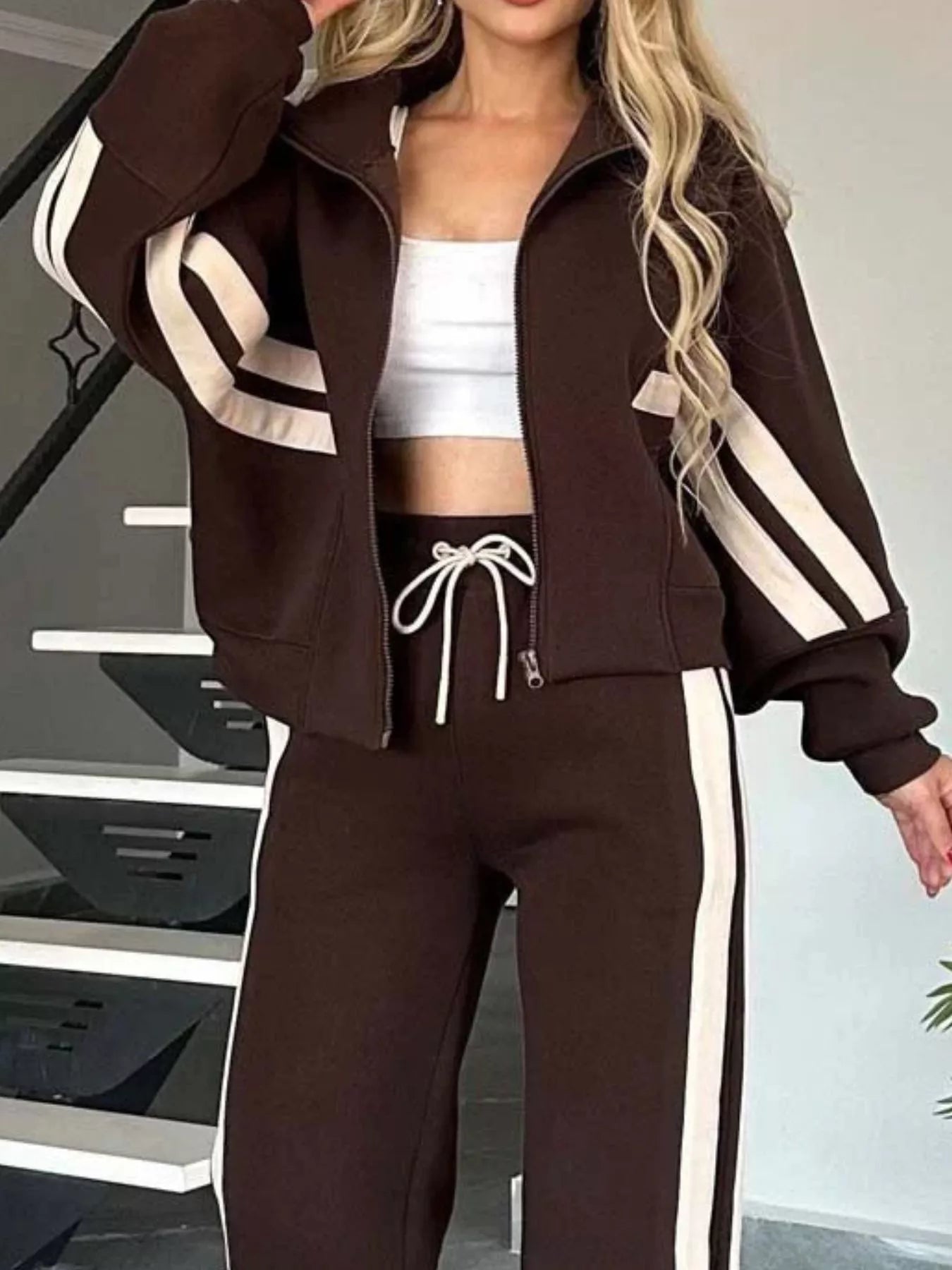 Full Size Contrast Stripe Zip Up Jacket and Pants Set Plus Size nicholesgifts