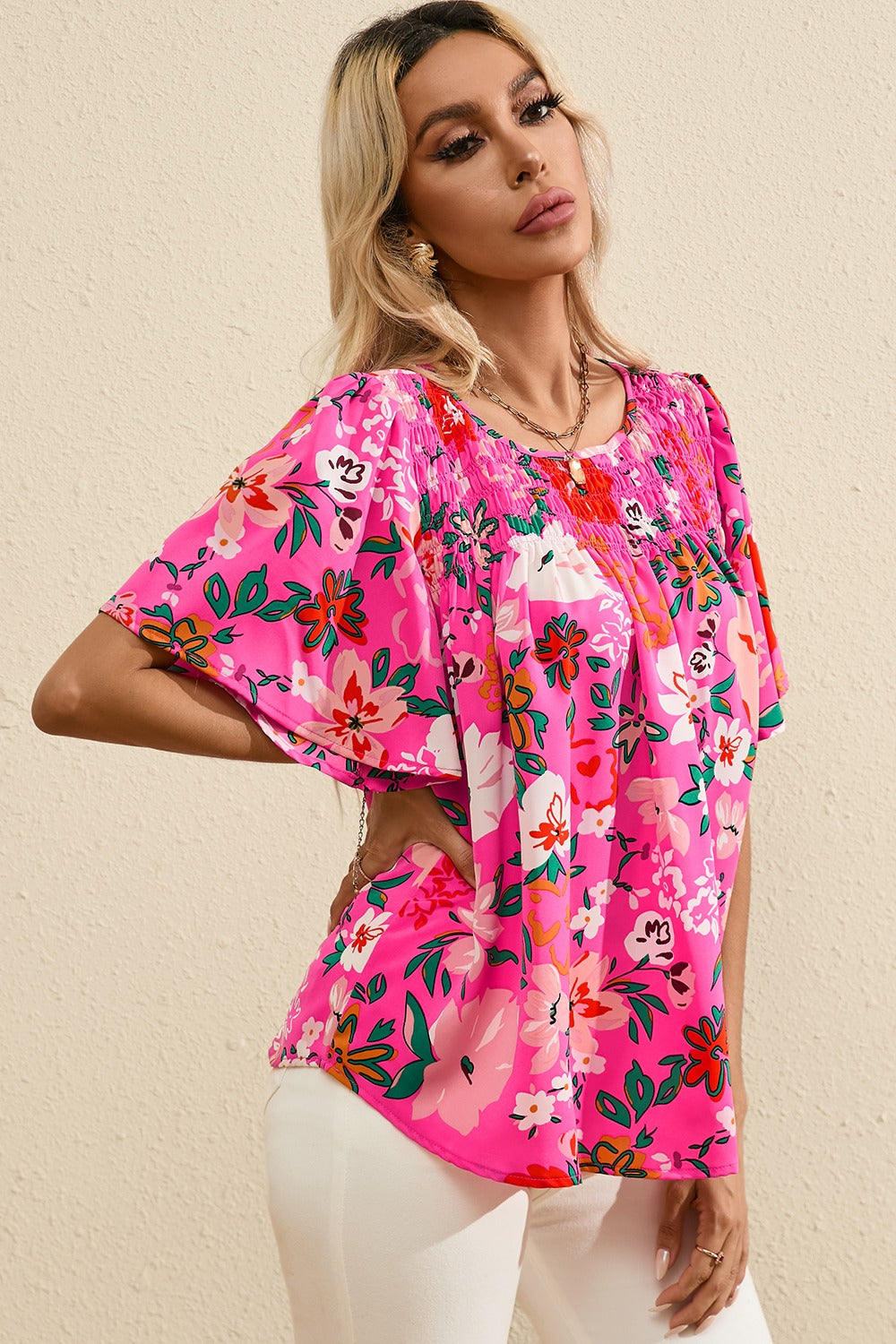 Smocked Printed Round Neck Half Sleeve Blouse nicholesgifts