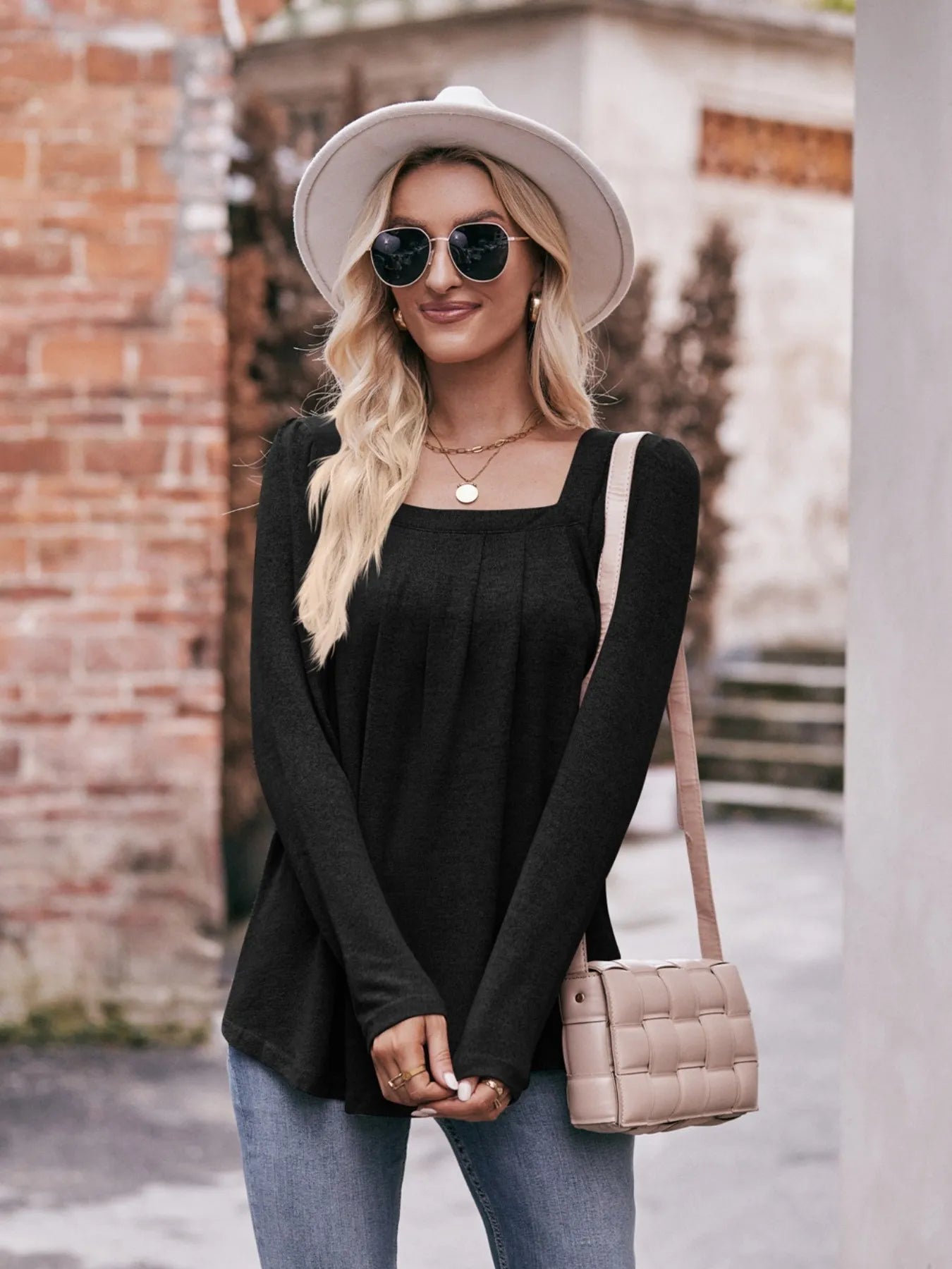 Square Neck Long Sleeve T-Shirt Trendsi
