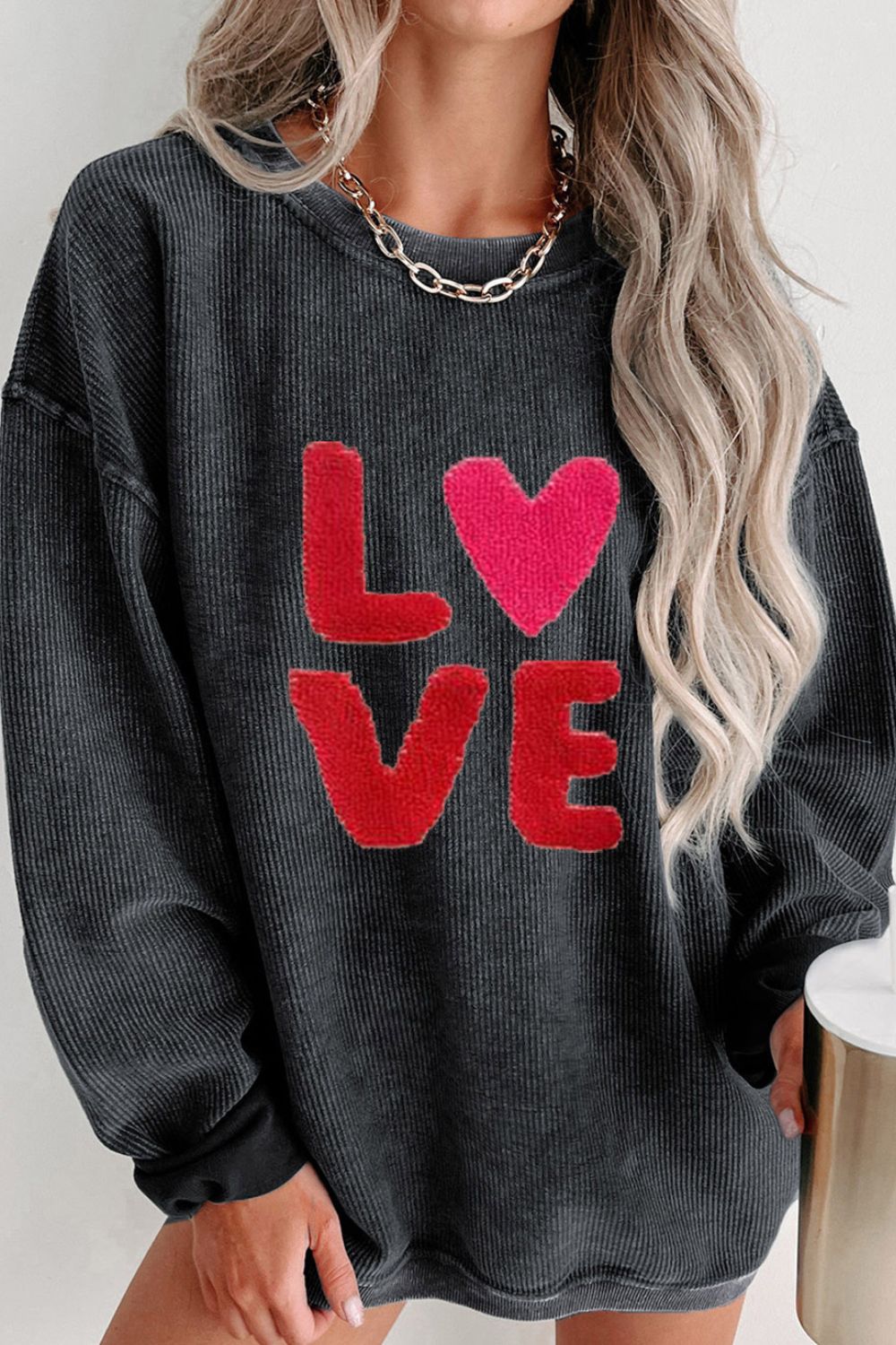 Women Valentine’s Day LOVE Round Neck Long Sleeve Sweatshirt NicholesGifts