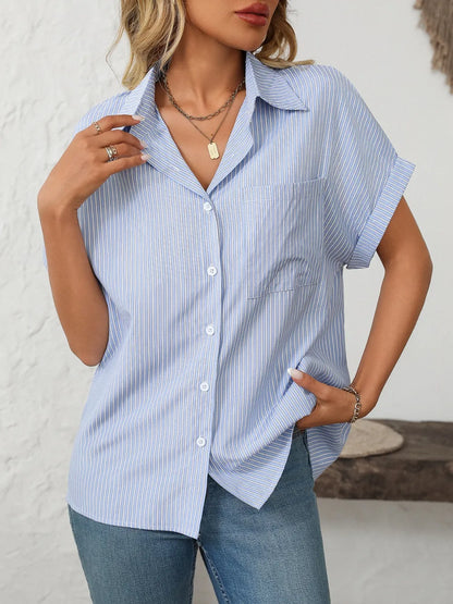 Mandy Pocketed Striped Collared Neck Short Sleeve Shirt nicholesgifts