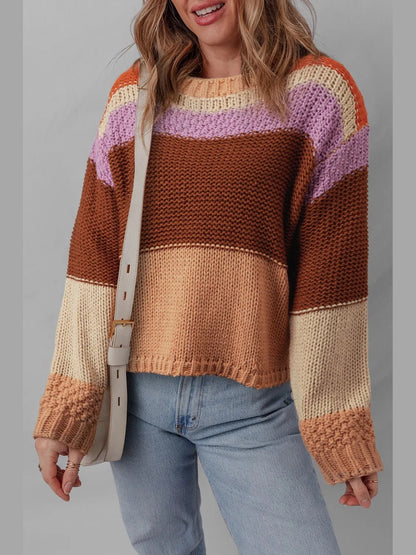 Colorblock Striped Round Neck Sweater nicholesgifts