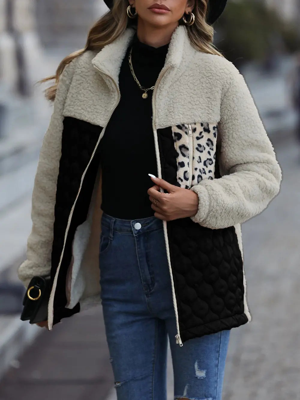 Leopard Color Block Zip-Up Jacket nicholesgifts