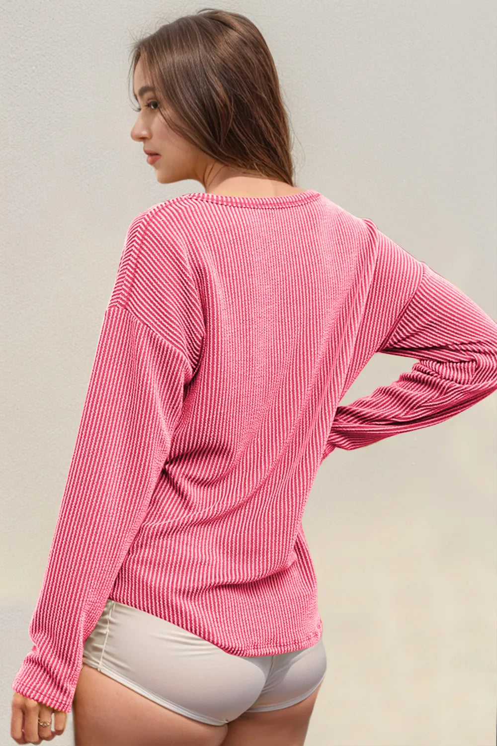 Double Take Striped Notched Long Sleeve T-Shirt NicholesGifts