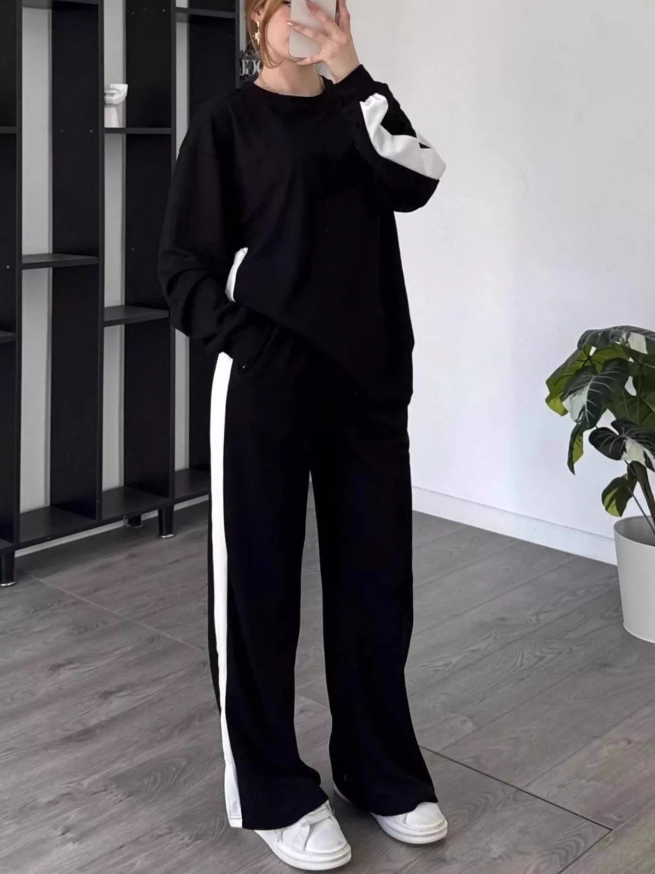 Full Size Contrast Round Neck Top and Pants Set Plus Size nicholesgifts