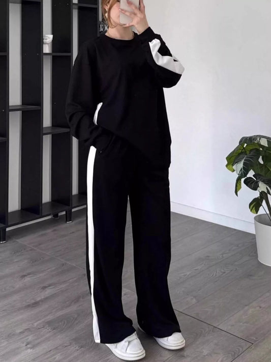 Full Size Contrast Round Neck Top and Pants Set Plus Size nicholesgifts