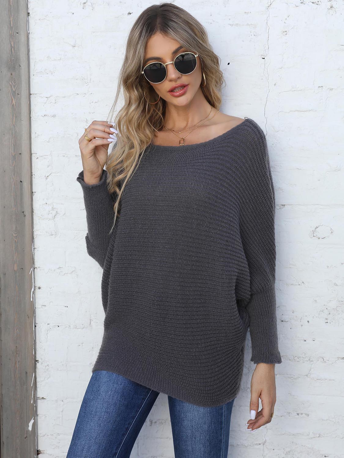 Full Size Horizontal Ribbing Dolman Sleeve Sweater Trendsi