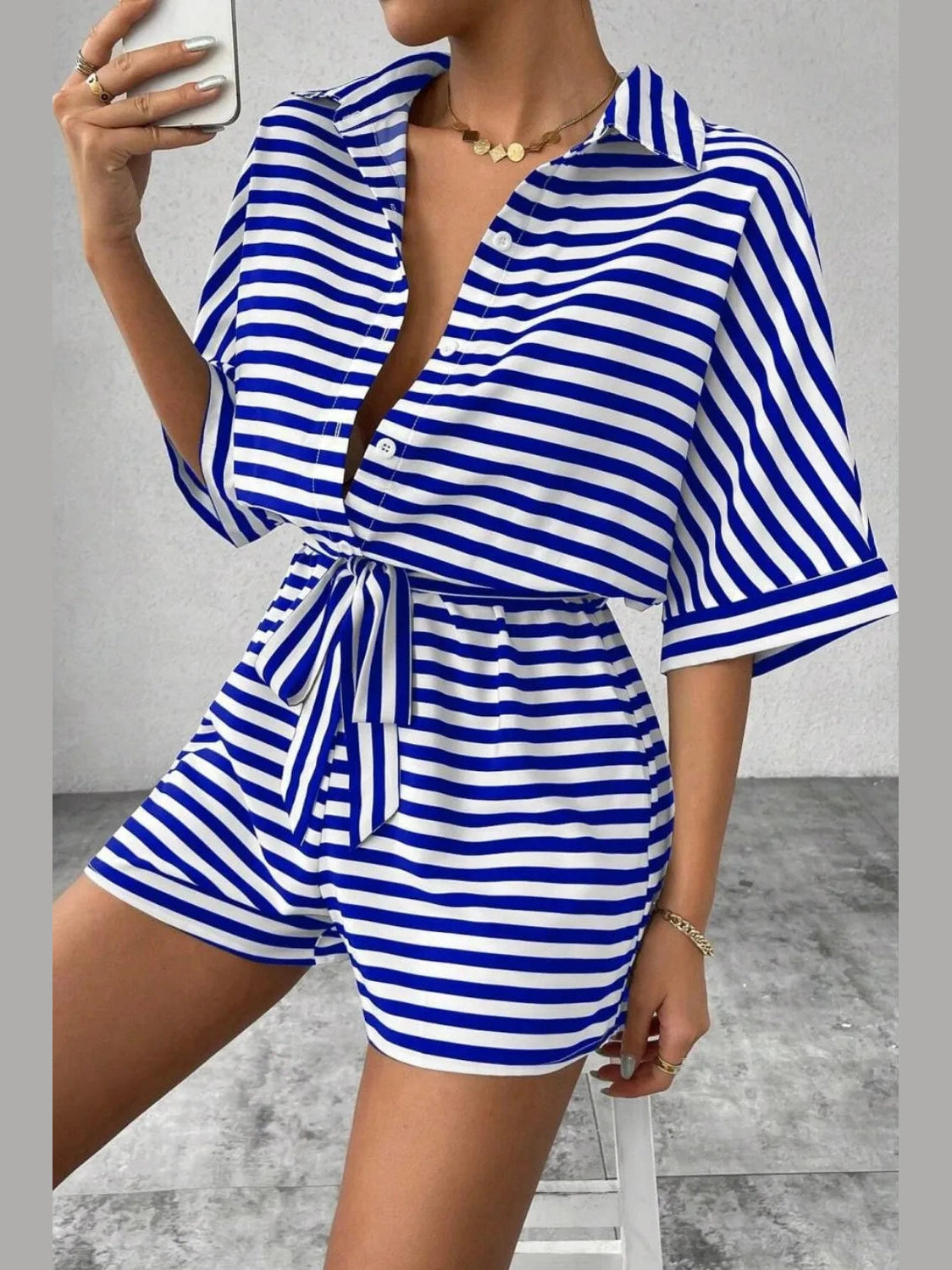 Striped Collared Neck Tie Waist Romper nicholesgifts