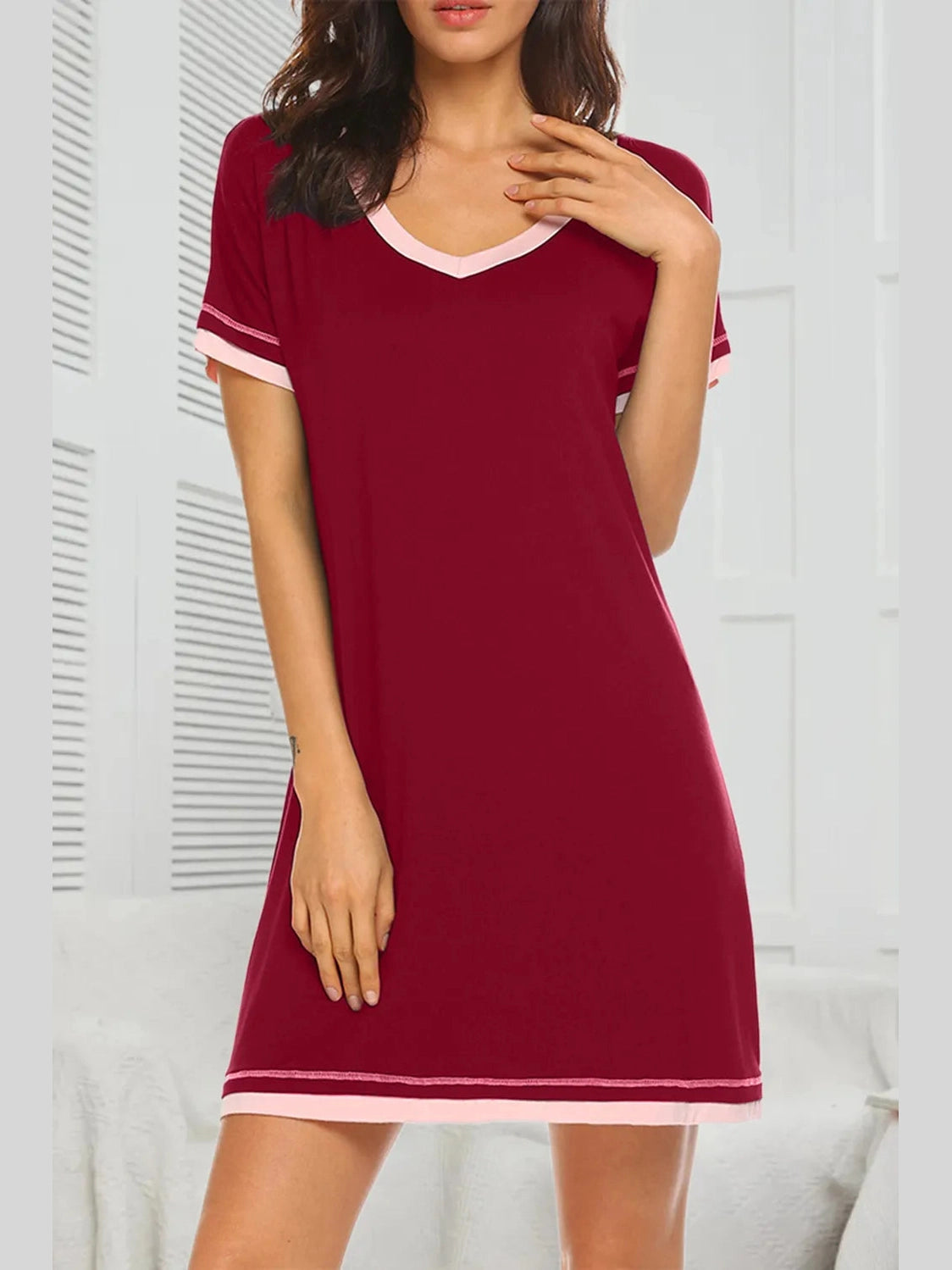 Contrast Trim Short Sleeve Lounge Dress nicholesgifts