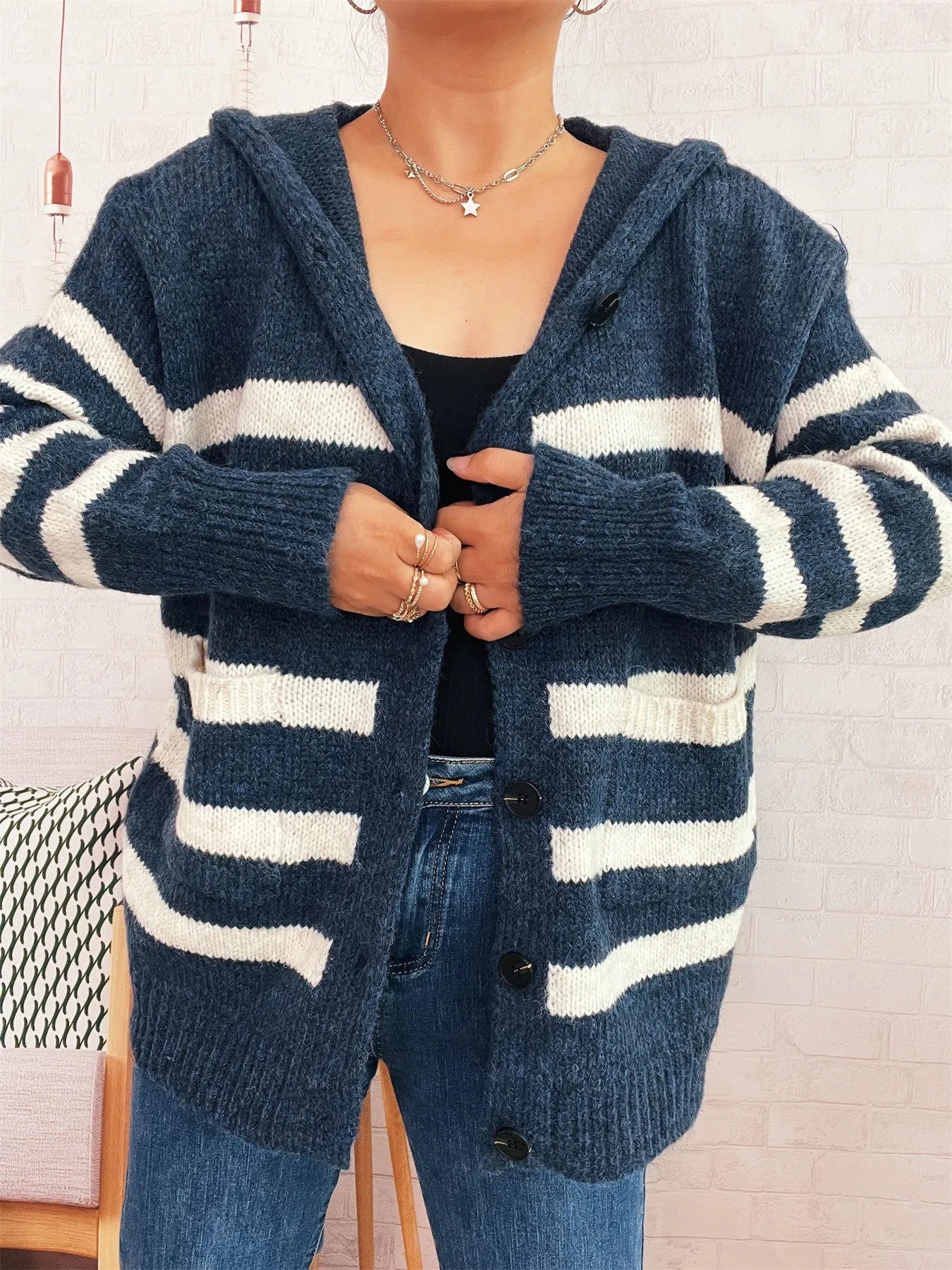 Striped Button-Up Hooded Cardigan