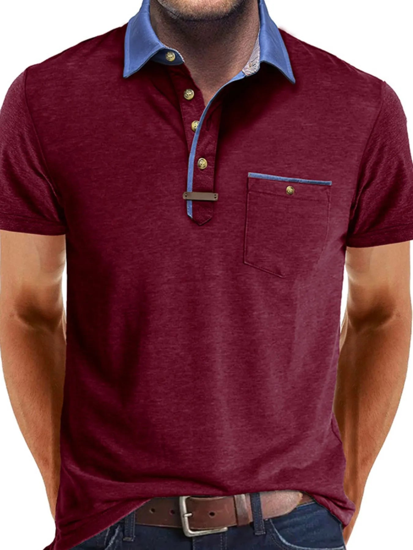 Men's Full Size Contrast Collar Pocket Polo Shirt Plus Size