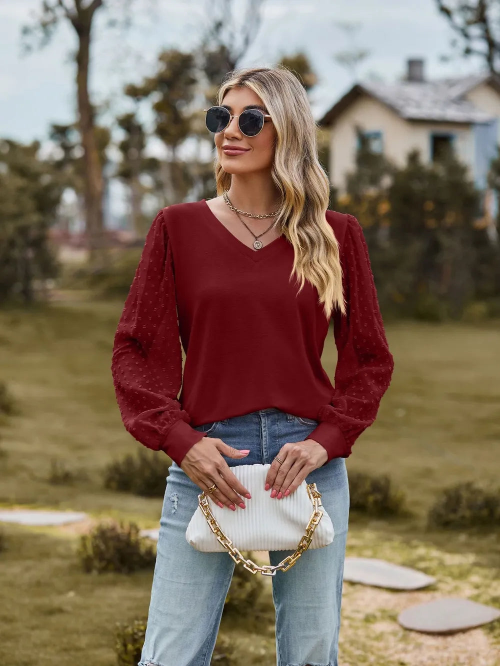 Swiss Dot V-Neck Long Sleeve Blouse NicholesGifts