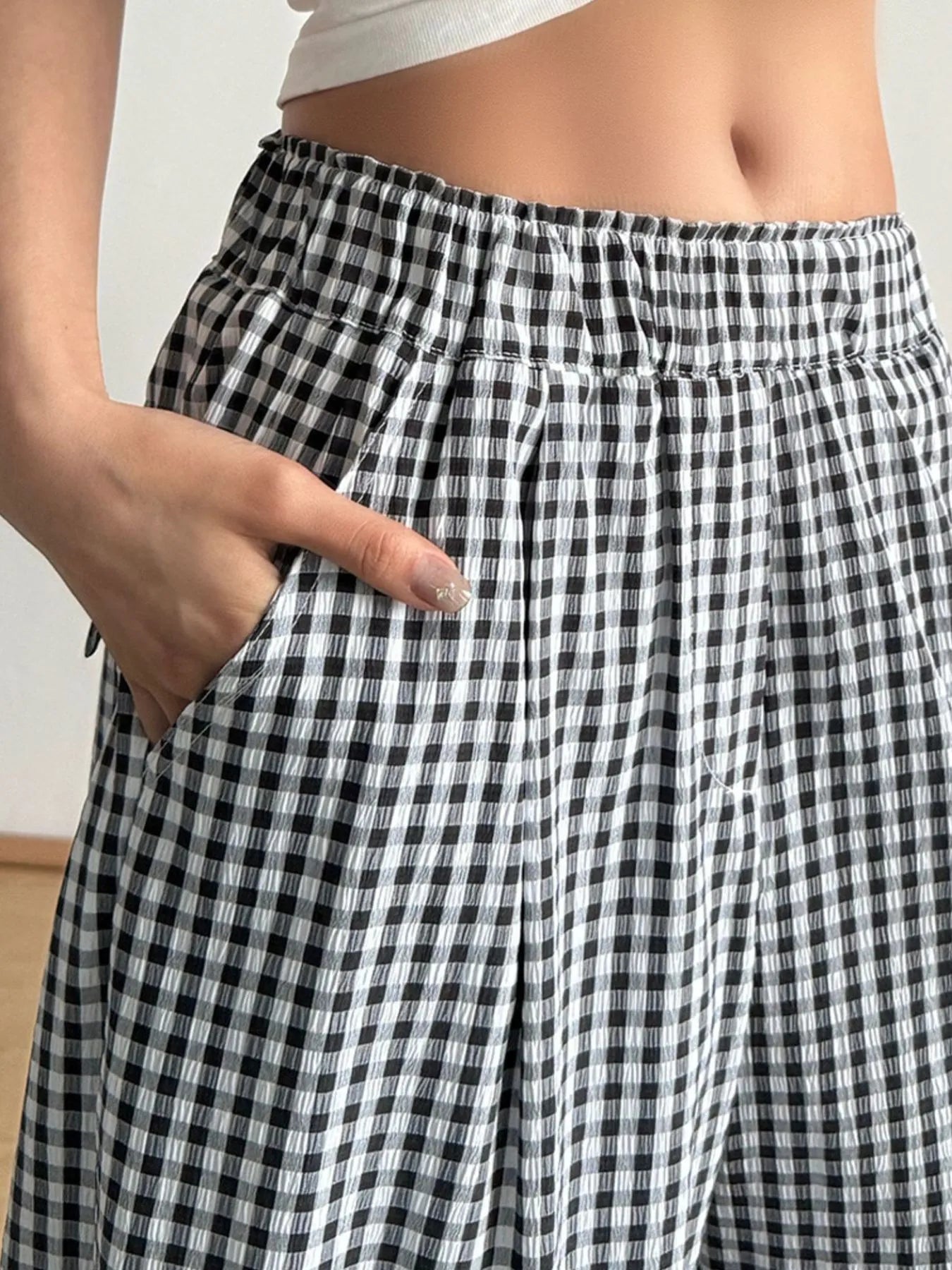 Gingham Check Wide Leg Casual Pants Trendsi