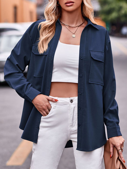 Pocketed Button Up Dropped Shoulder Shacket NicholesGifts