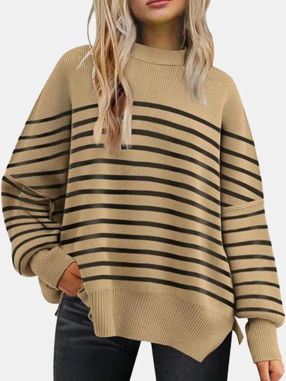 Round Neck Drop Shoulder Slit Sweater Trendsi