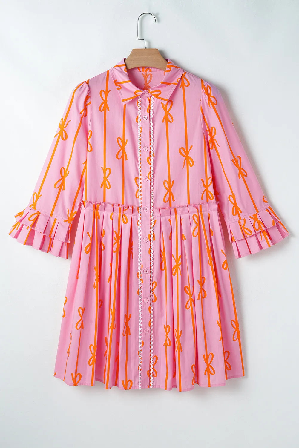 Ruffled Bow Printed Three-Quarter Sleeve Shirt Dress NicholesGifts