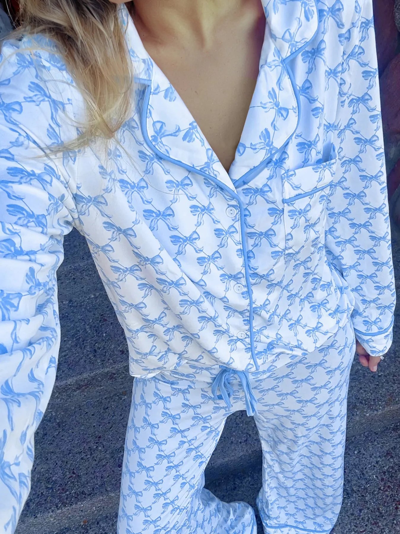 Bow Print Long Sleeve Shirt and Pants Pajama Set nicholesgifts