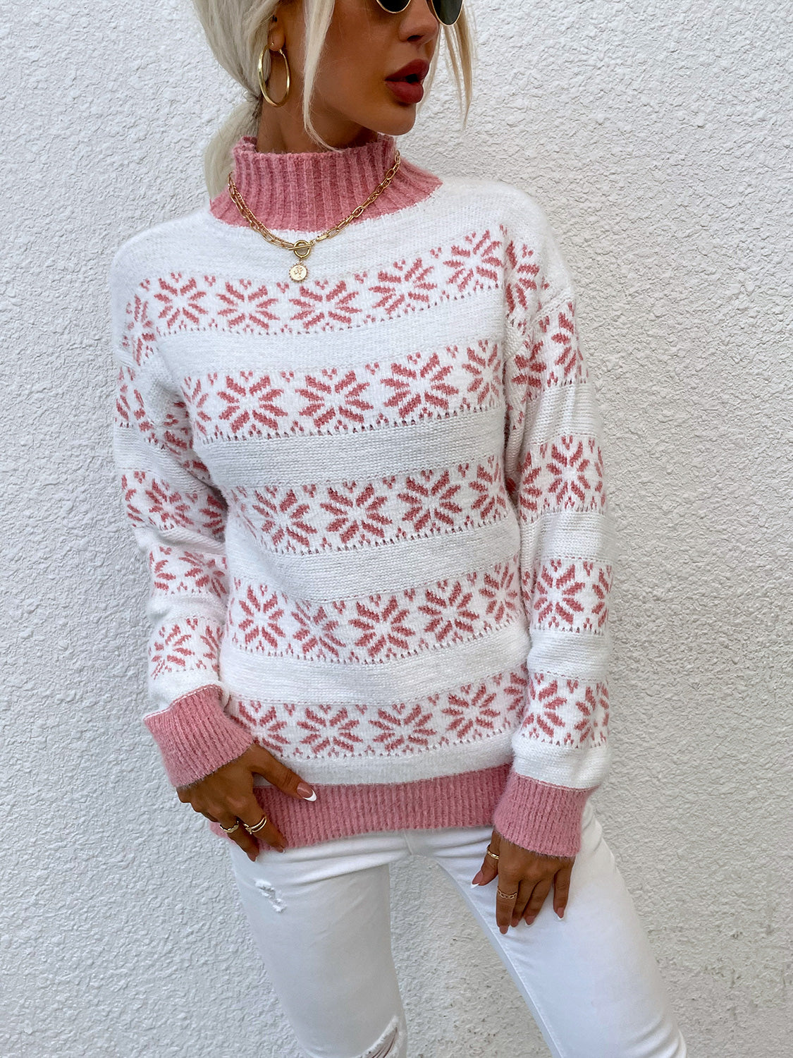 Snowflake Pattern Mock Neck Sweater nicholesgifts