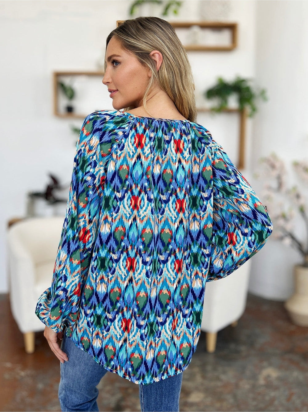 Women Double Take Full Size Printed Balloon Sleeve Blouse nicholesgifts