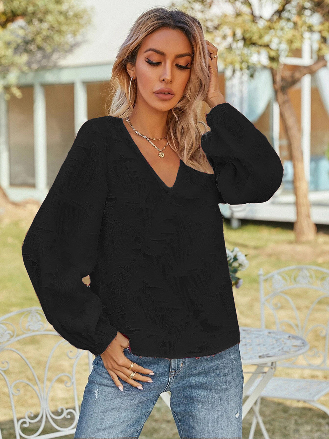 V-Neck Long Sleeve Blouse nicholesgifts