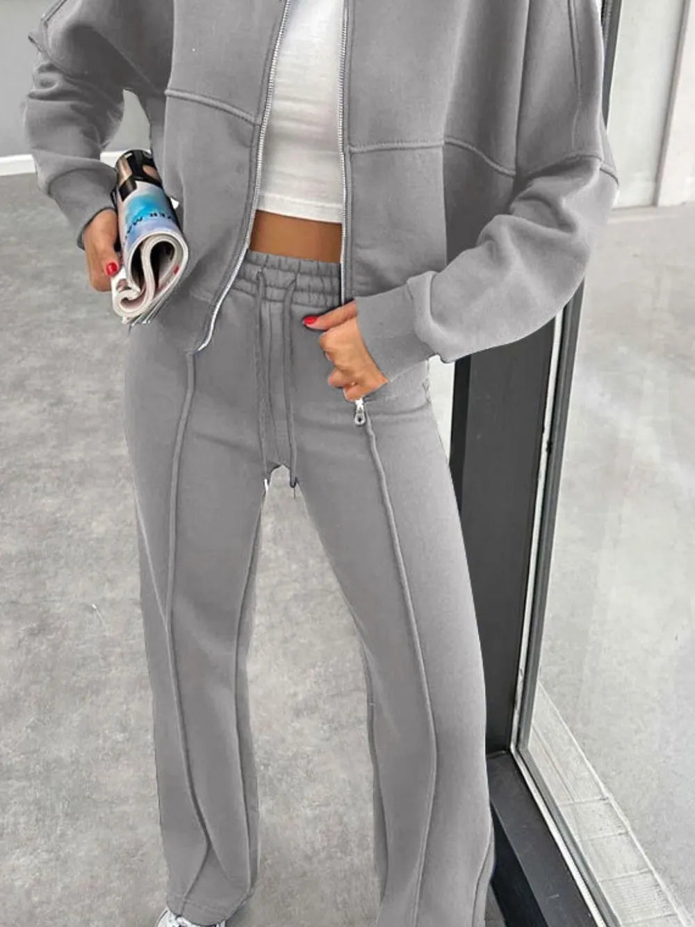 Baseball Collar Zip Up Outerwear and Drawstring Pants Set nicholesgifts