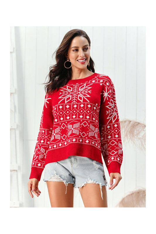 Snowflake Pattern Round Neck Sweater