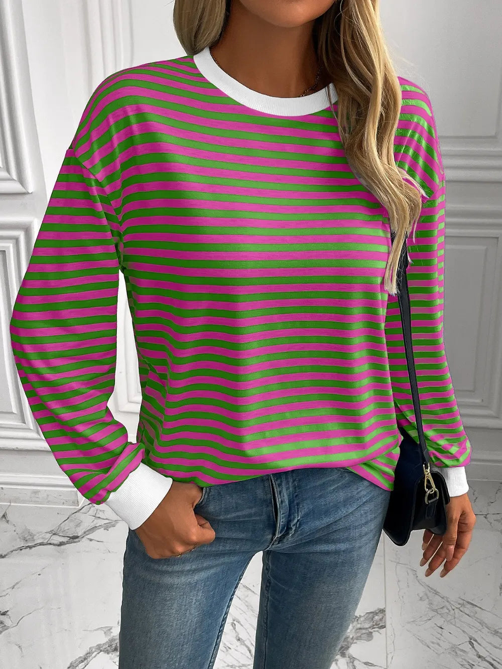 Ivy Lane Striped Round Neck Long Sleeve Sweatshirt Trendsi