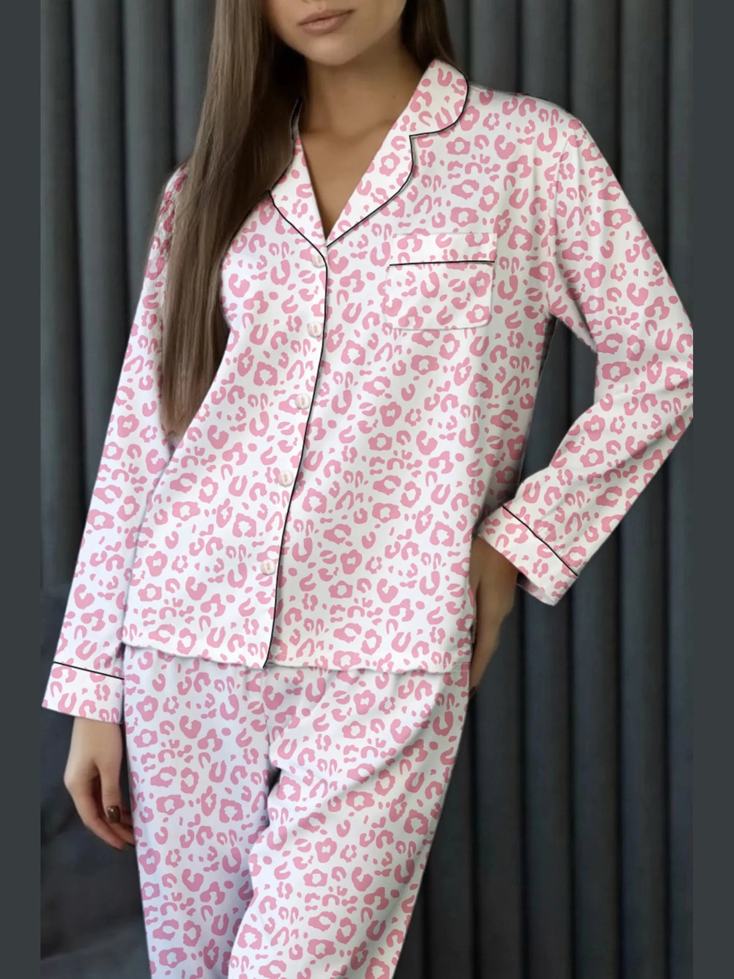 Leopard Print Button Up Top and Pants 2cps Pajama Set nicholesgifts