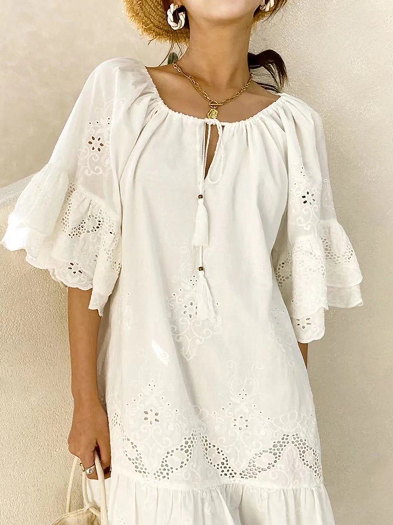Eyelet Embroidered Tassel Tie Neck Dress Trendsi