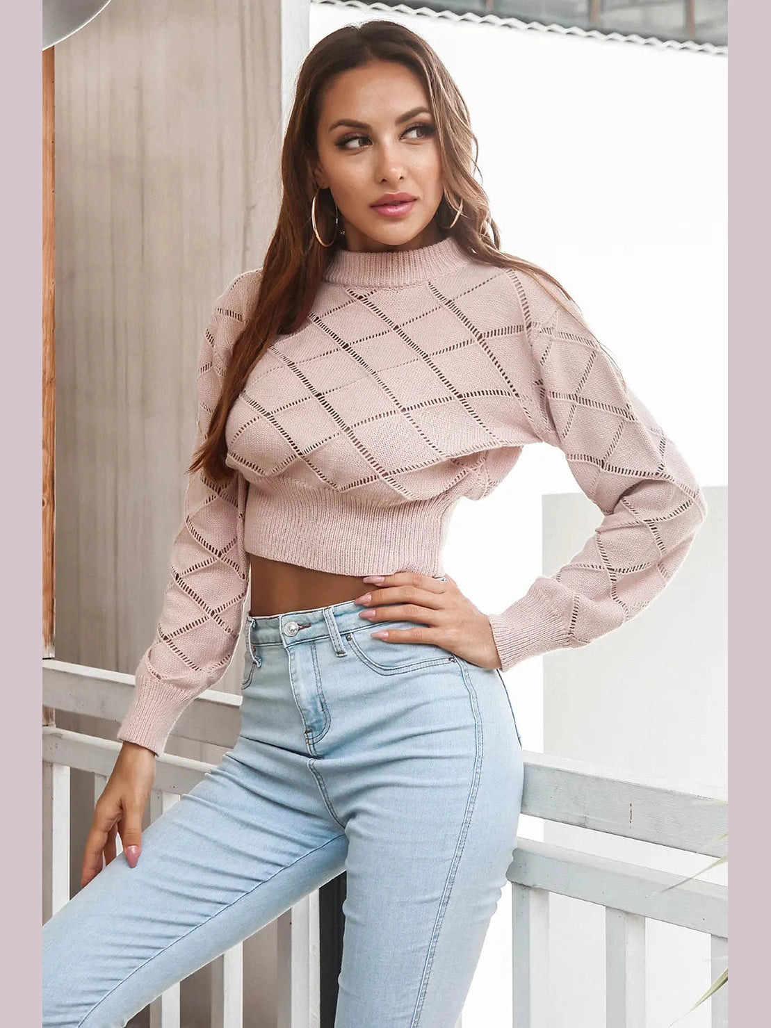 Openwork Plaid Round Neck Cropped Sweater Trendsi