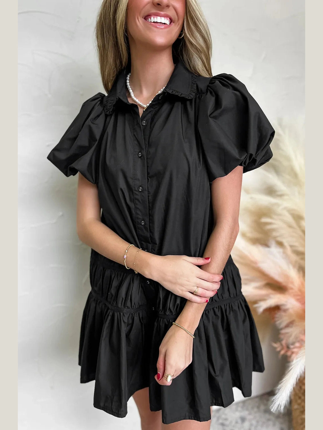 Button Down Puff Sleeve Ruffle Hem Dress NicholesGifts