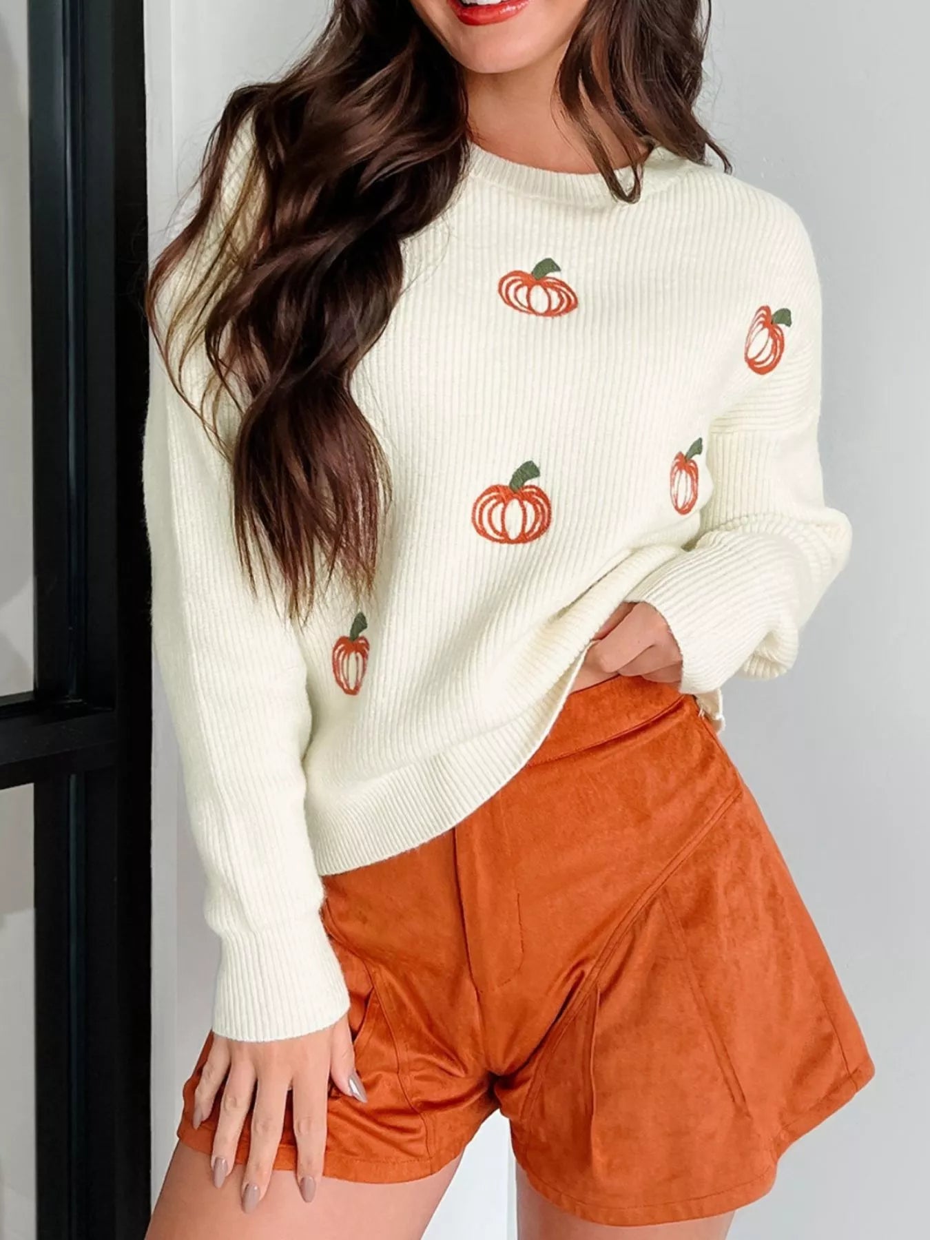 Halloween Pumpkin Embroidered Round Neck Long Sleeve Sweater Trendsi