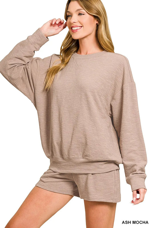 Zenana Slub Long Sleeve Top and Shorts Set Trendsi