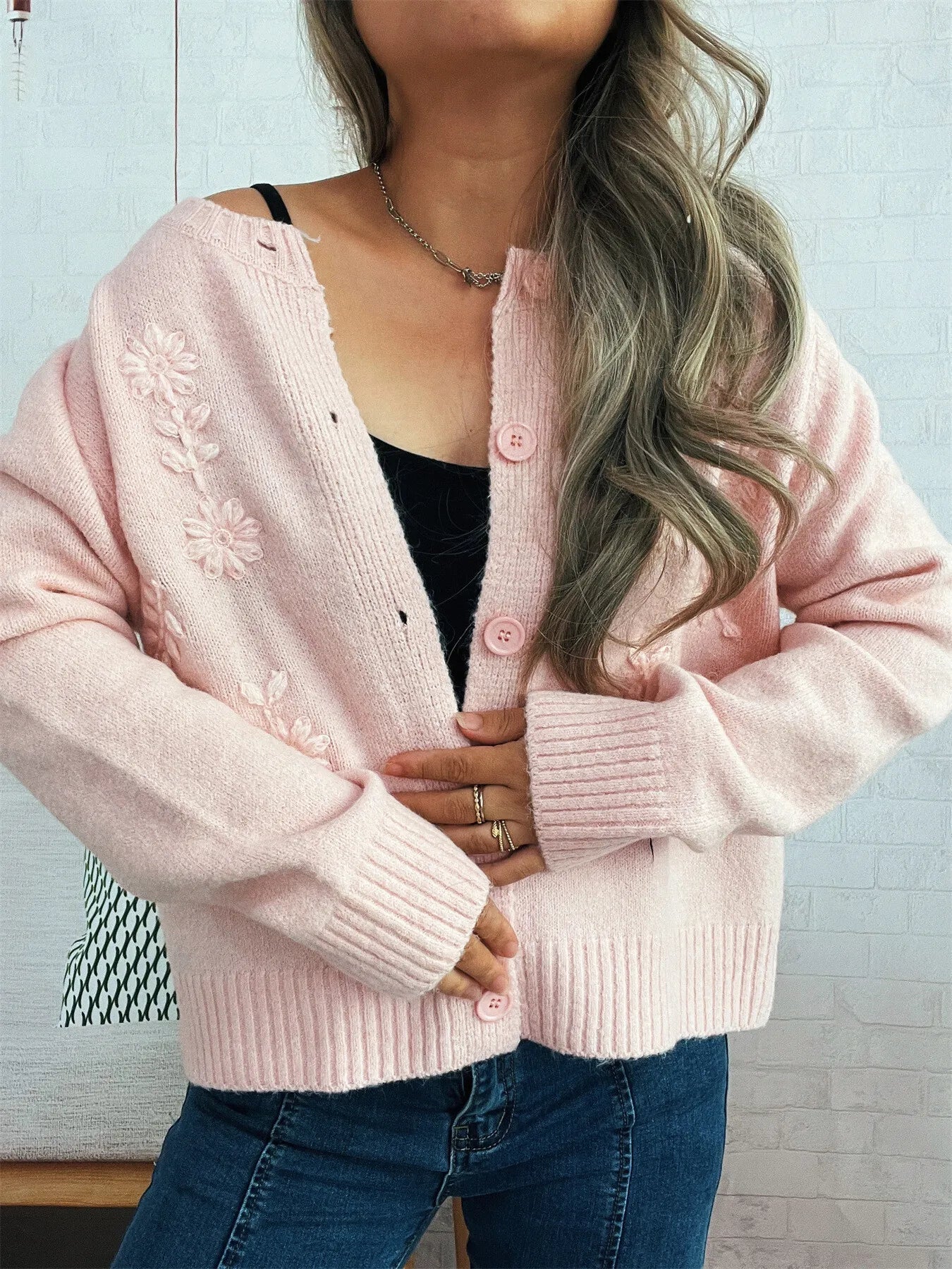 Flower Button Up Ribbed Hem Cardigan