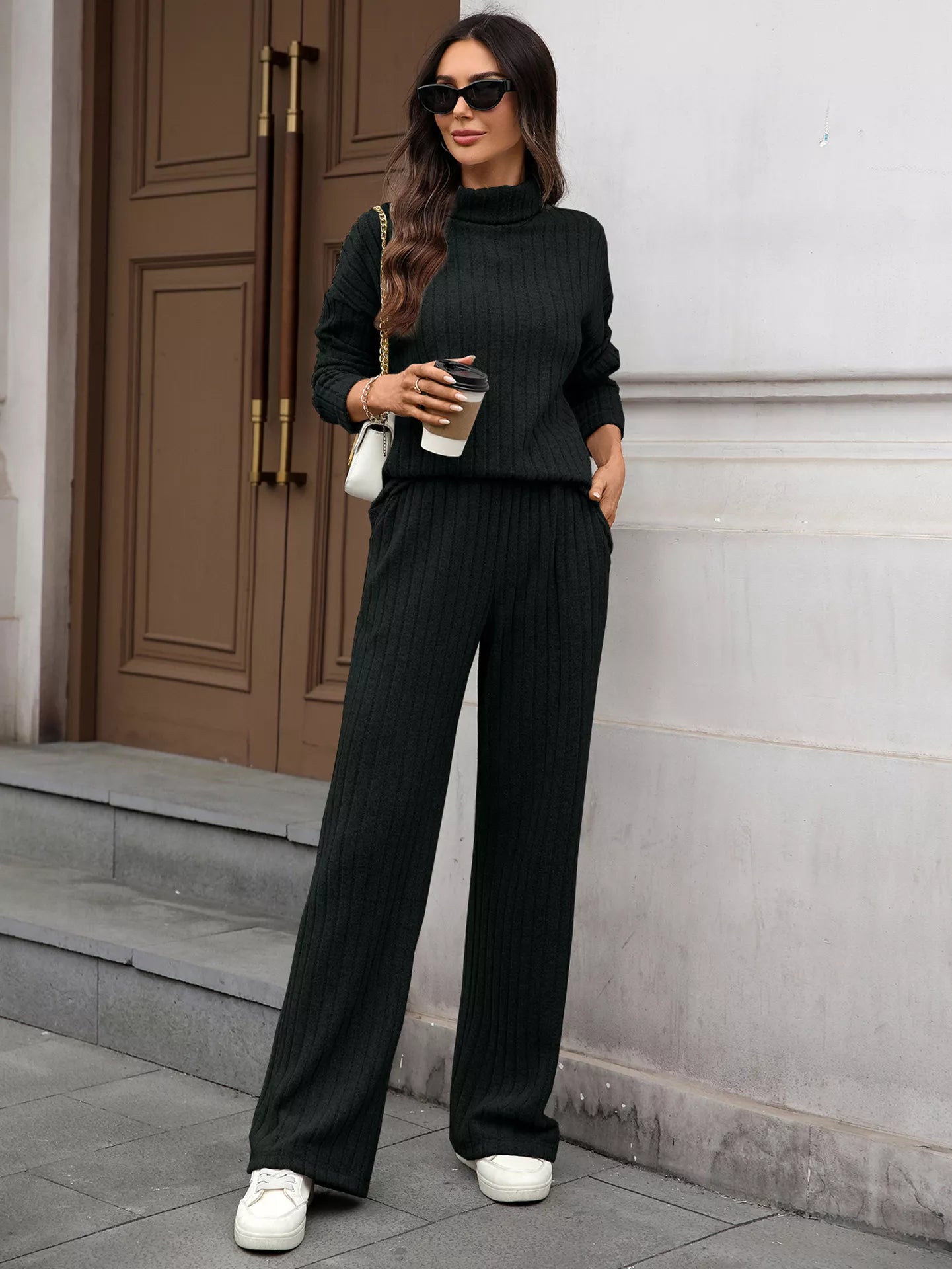 Ribbed Turtleneck Dropped Shoulder Top and Pants Sweater Set Trendsi