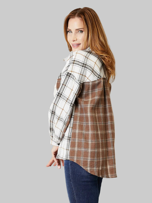 Double Take Plaid Contrast Button Up Shirt Jacket nicholesgifts