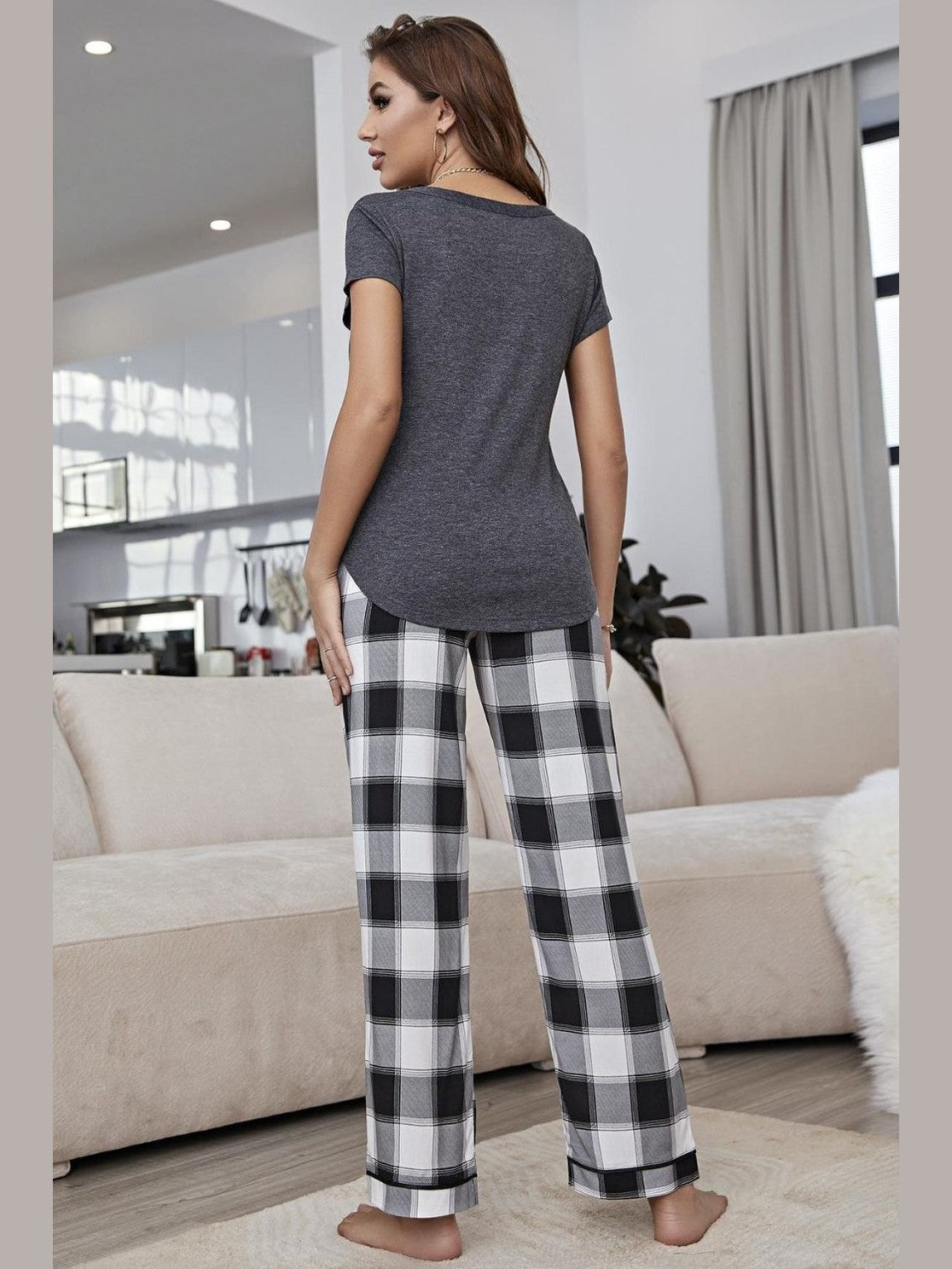 Curved Hem Short Sleeve Top and Plaid Pants Lounge Set nicholesgifts