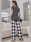 Curved Hem Short Sleeve Top and Plaid Pants Lounge Set nicholesgifts