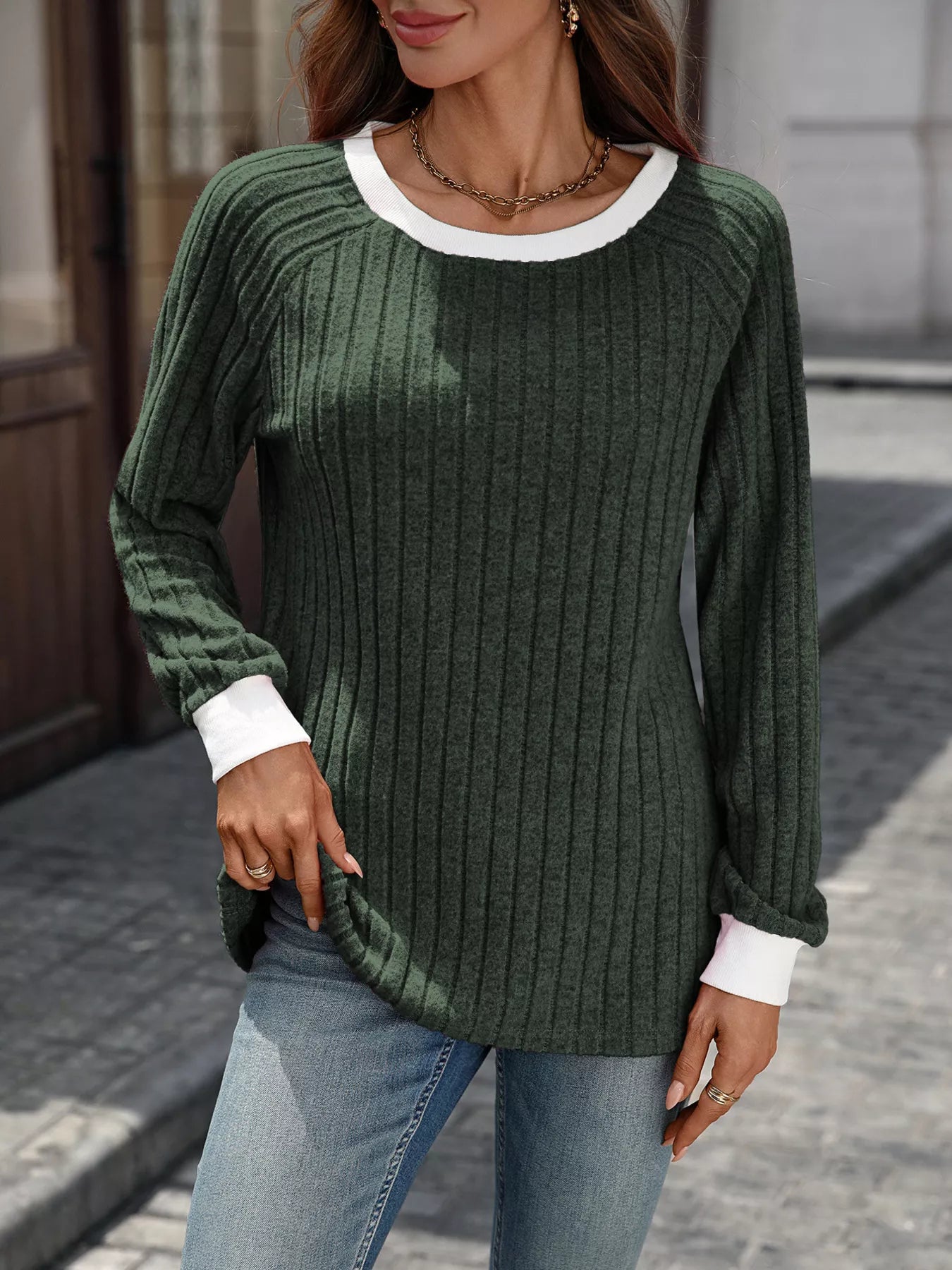 Ribbed Round Neck Raglan Sleeve Knit Top Trendsi