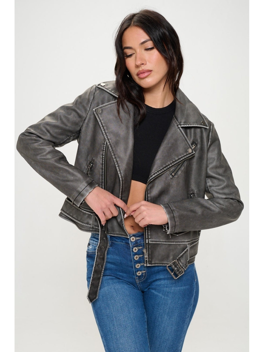 Coalition LA Zip Up Biker Jacket with Belt nicholesgifts