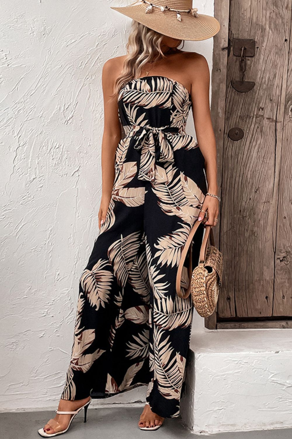 Printed Strapless Wide Leg Jumpsuit with Pockets nicholesgifts